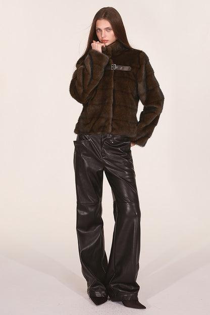 Stand Collar Faux Mink Fur Jacket