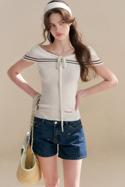 Navy Lyocell Off-Shoulder Knit Top