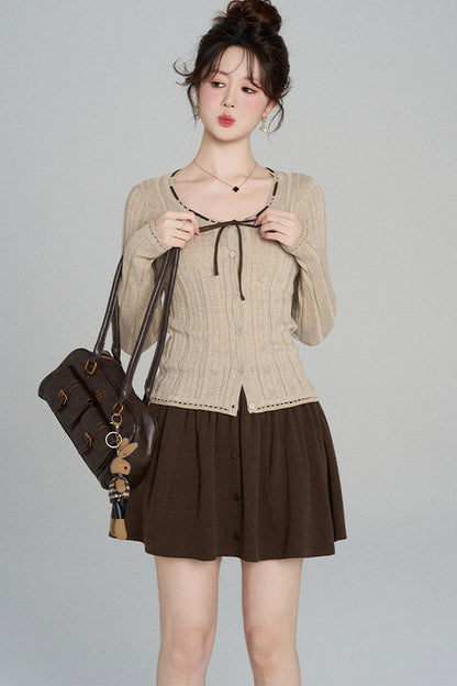 Hollow-Out Knit Cardigan and Skirt Set-Up