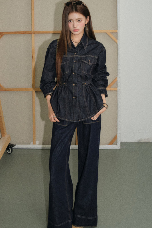 Waist-Cinching Denim Shirt and Flared Jeans Set-Up