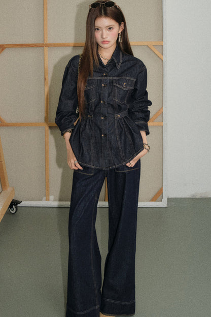 Denim Shirt and Wide-Leg Flared Pants Set-Up