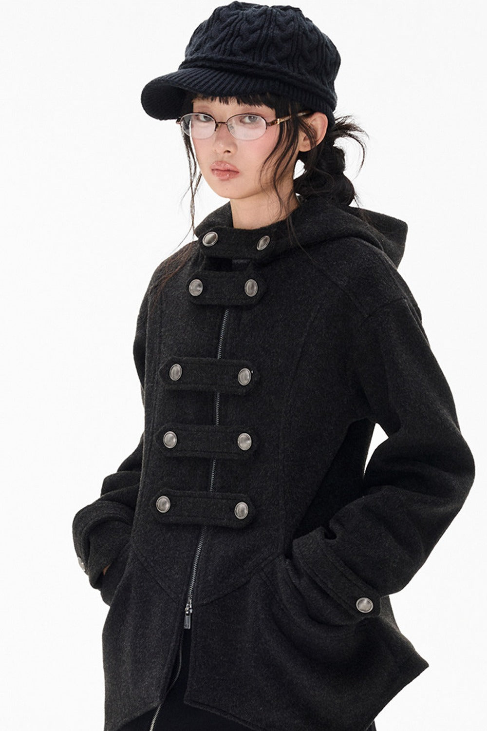 Woolen Hooded Irregular Hem Jacket