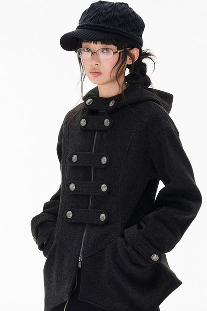 Woolen Hooded Irregular Hem Jacket