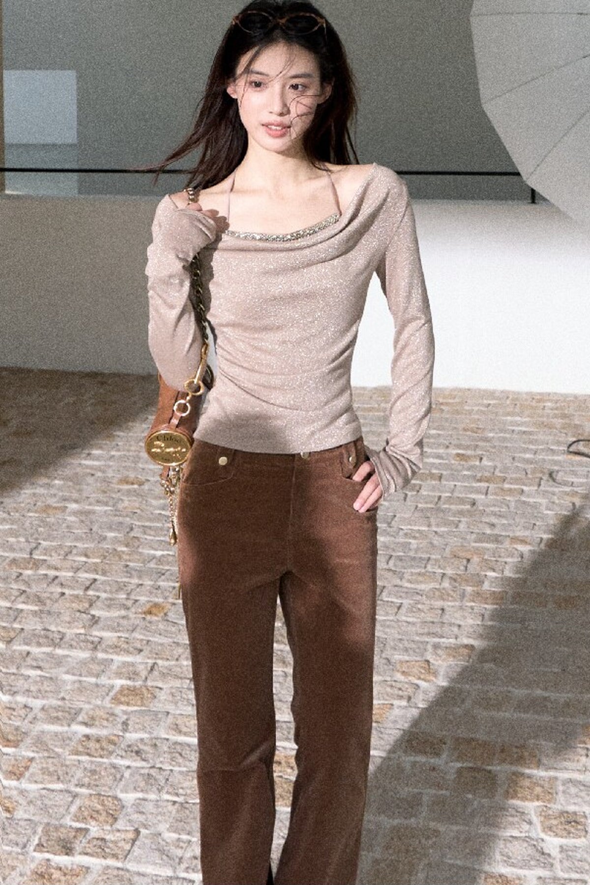 Beaded Ribbon Cowl Neck Knit Top
