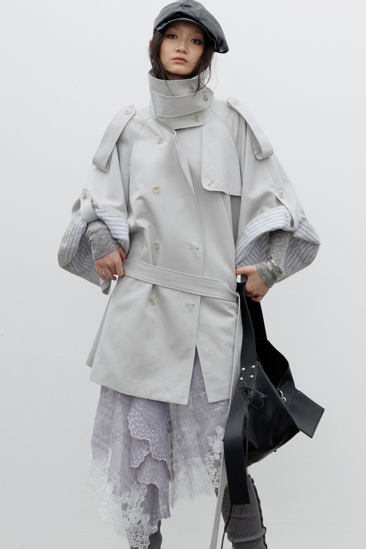 Silhouette Cape-Style Wide-Sleeve Trench Coat