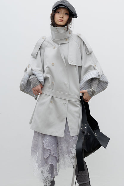 Silhouette Cape-Style Wide-Sleeve Trench Coat