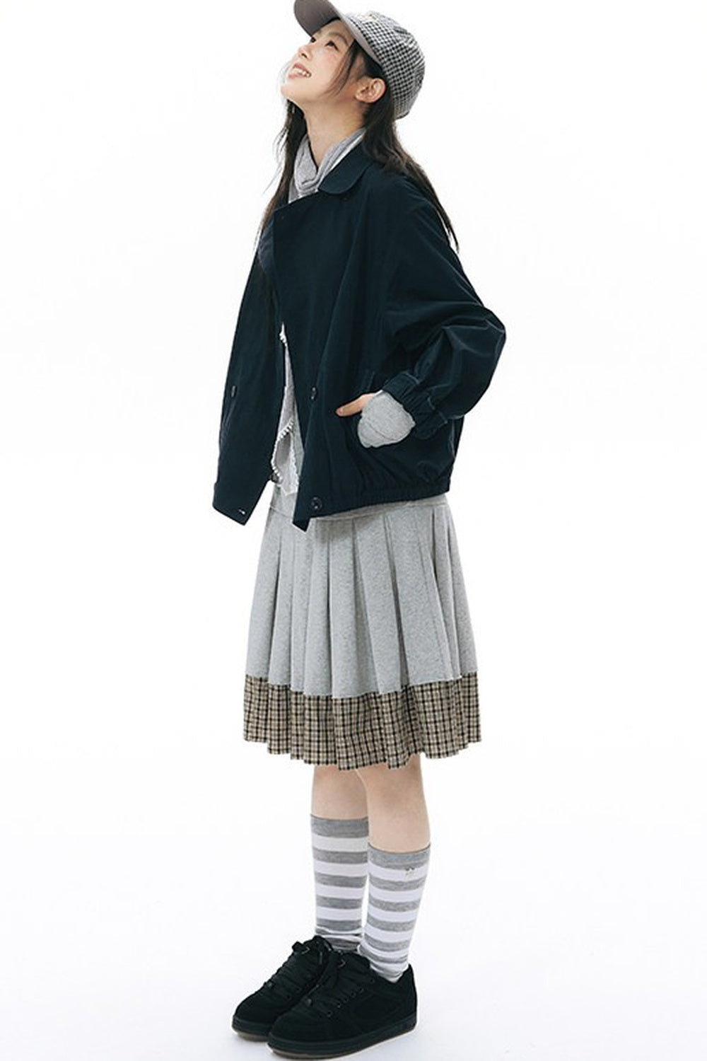Retro Double-Breasted Workwear Jacket and Skirt Set-Up