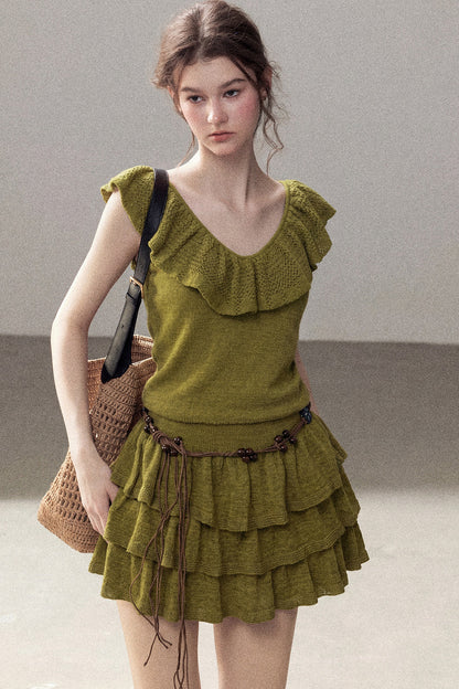 Ensemble robe en tricot à col V et à volants étagés
