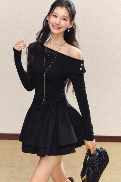 Asymmetrical Collar Long-Sleeved Knit Top and Skirt Set-Up
