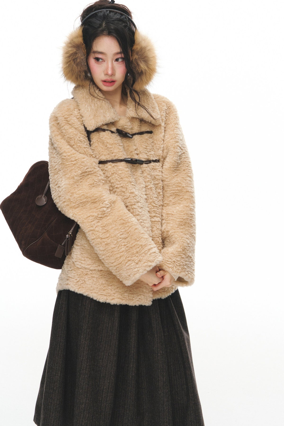 Fur Collar Horn Button Jacket Skirt Set-Up