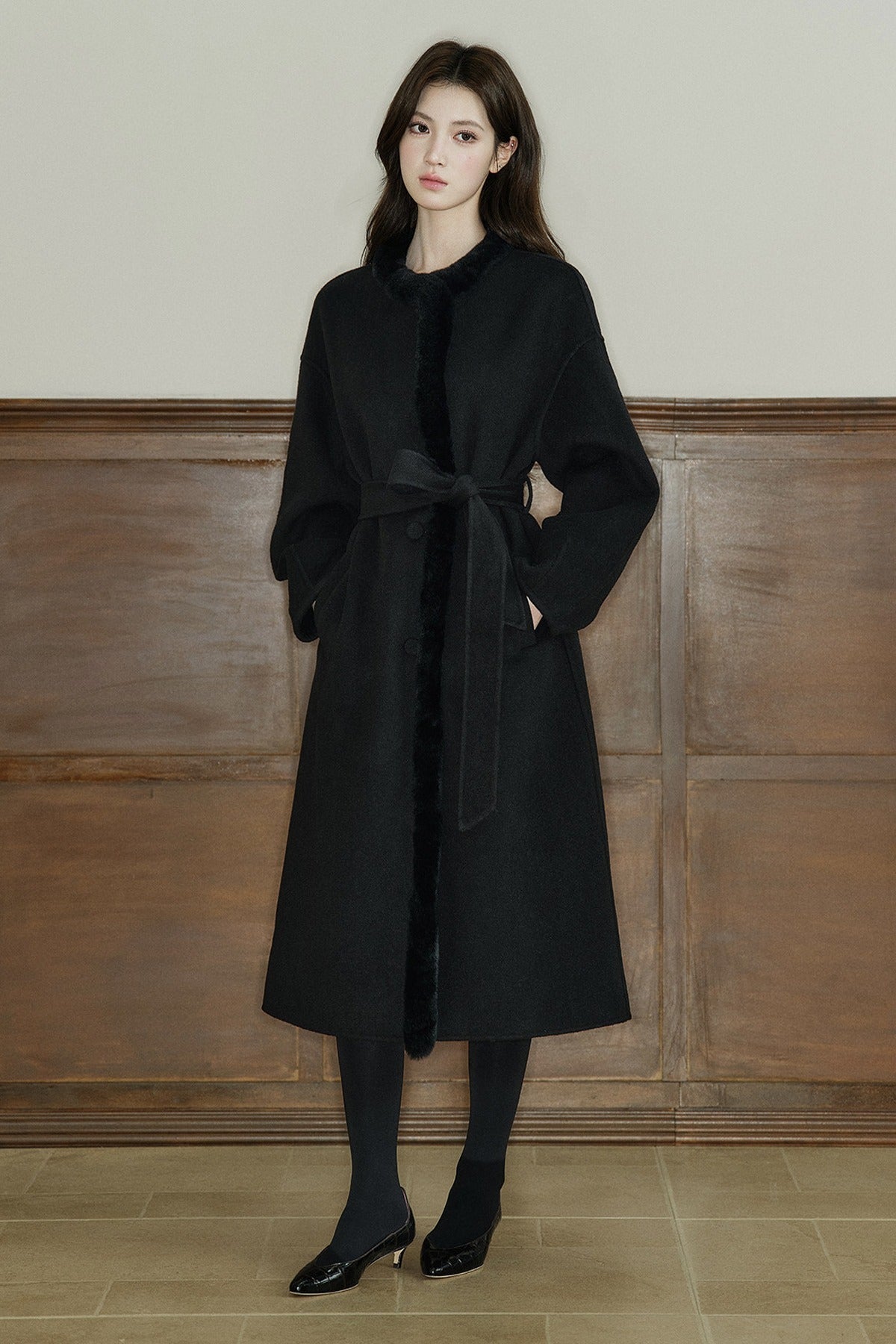 Rabbit Fur Placket Wool Coat