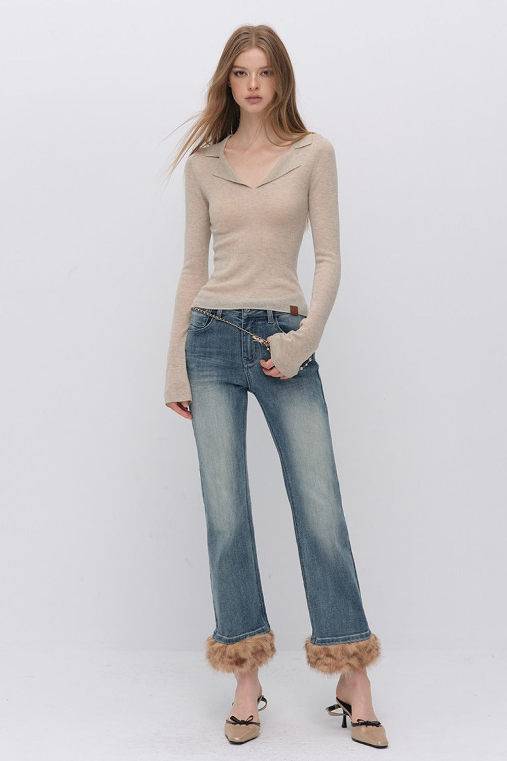 Detachable Frayed Hem Washed Flared Jeans