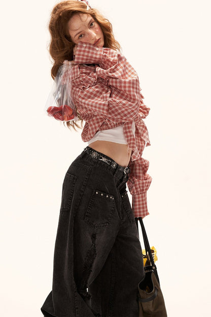 Cropped Plaid Off-Shoulder Blouse