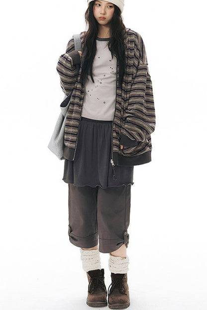 Reversible Striped Hooded Knit Cardigan