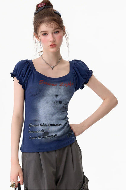 Cat Print Puff Sleeve Short Sleeve T-Shirt