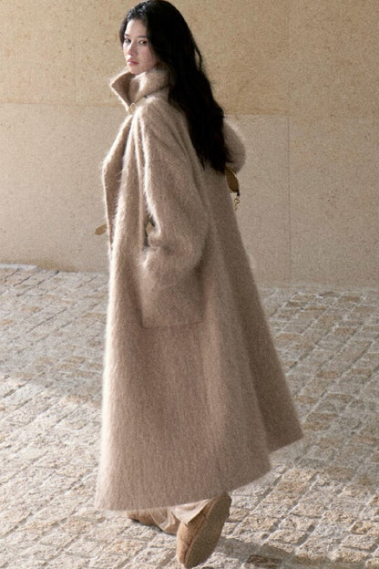 Brushed Cashmere Silk Funnel Collar Coat