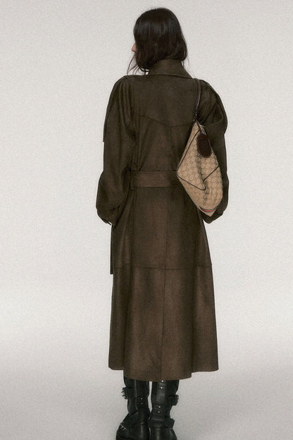 Brown Coffee Suede Long Trench Coat