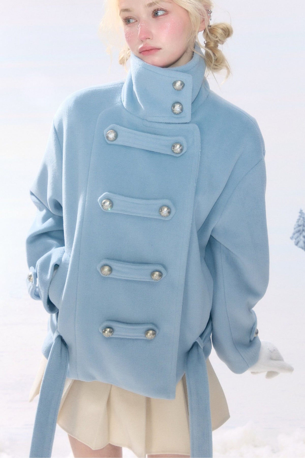 Light Blue Plush Stand Collar Coat