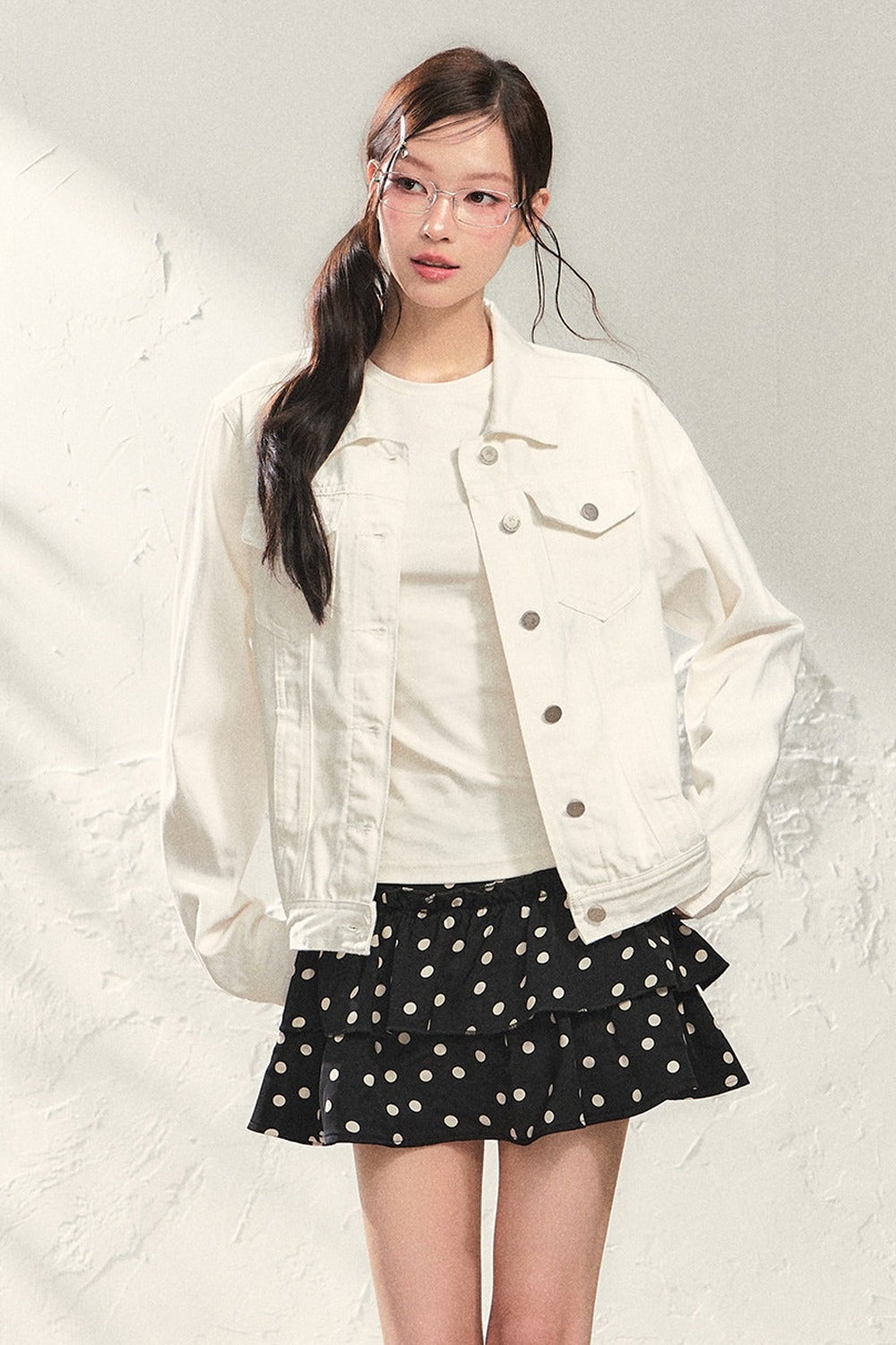 White Denim Jacket and Black Polka Skirt Set-Up