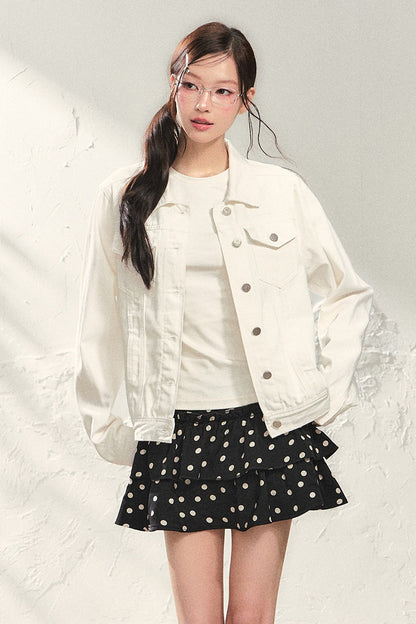 White Denim Jacket and Black Polka Skirt Set-Up
