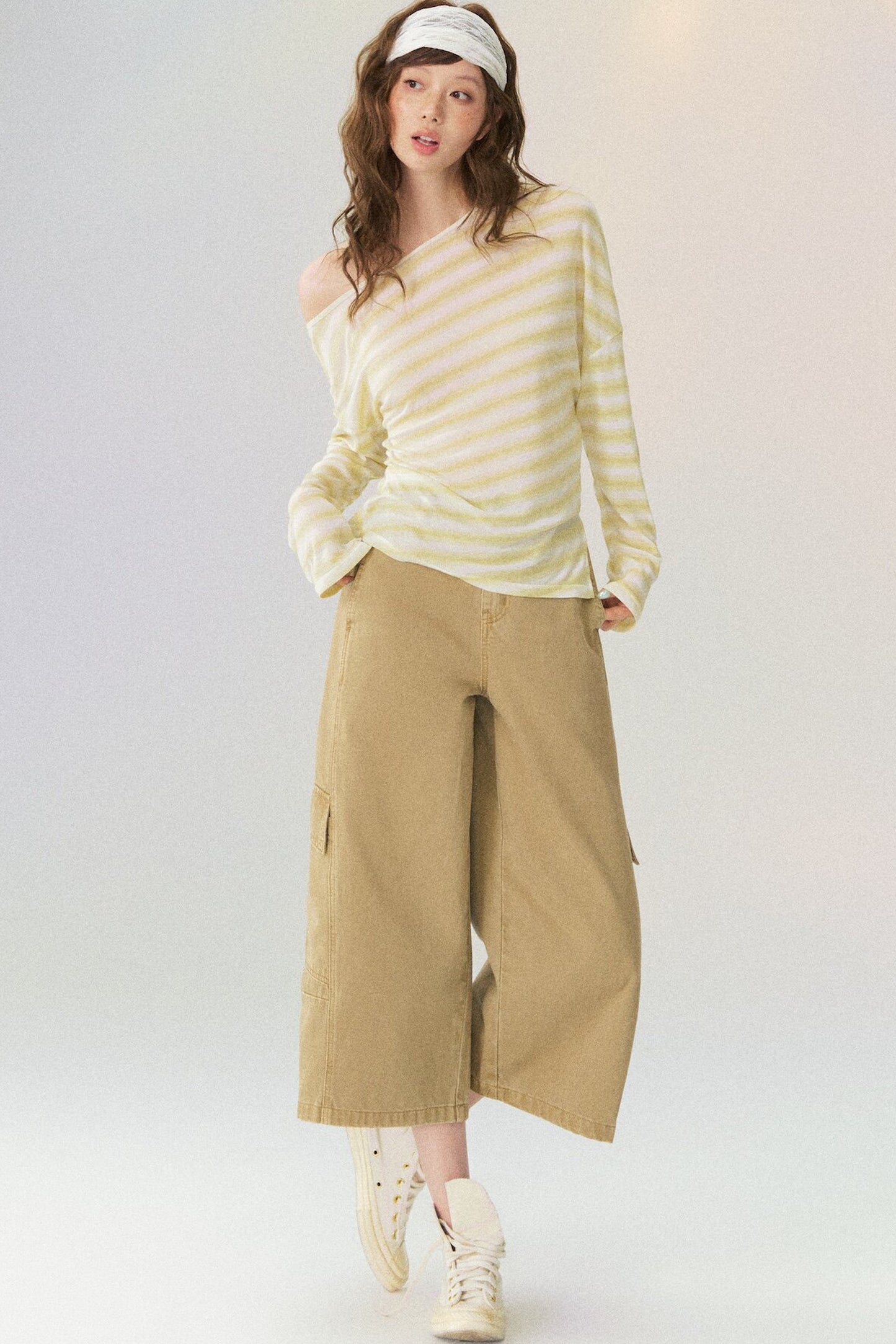 Off-Shoulder Striped Long-Sleeve Blouse