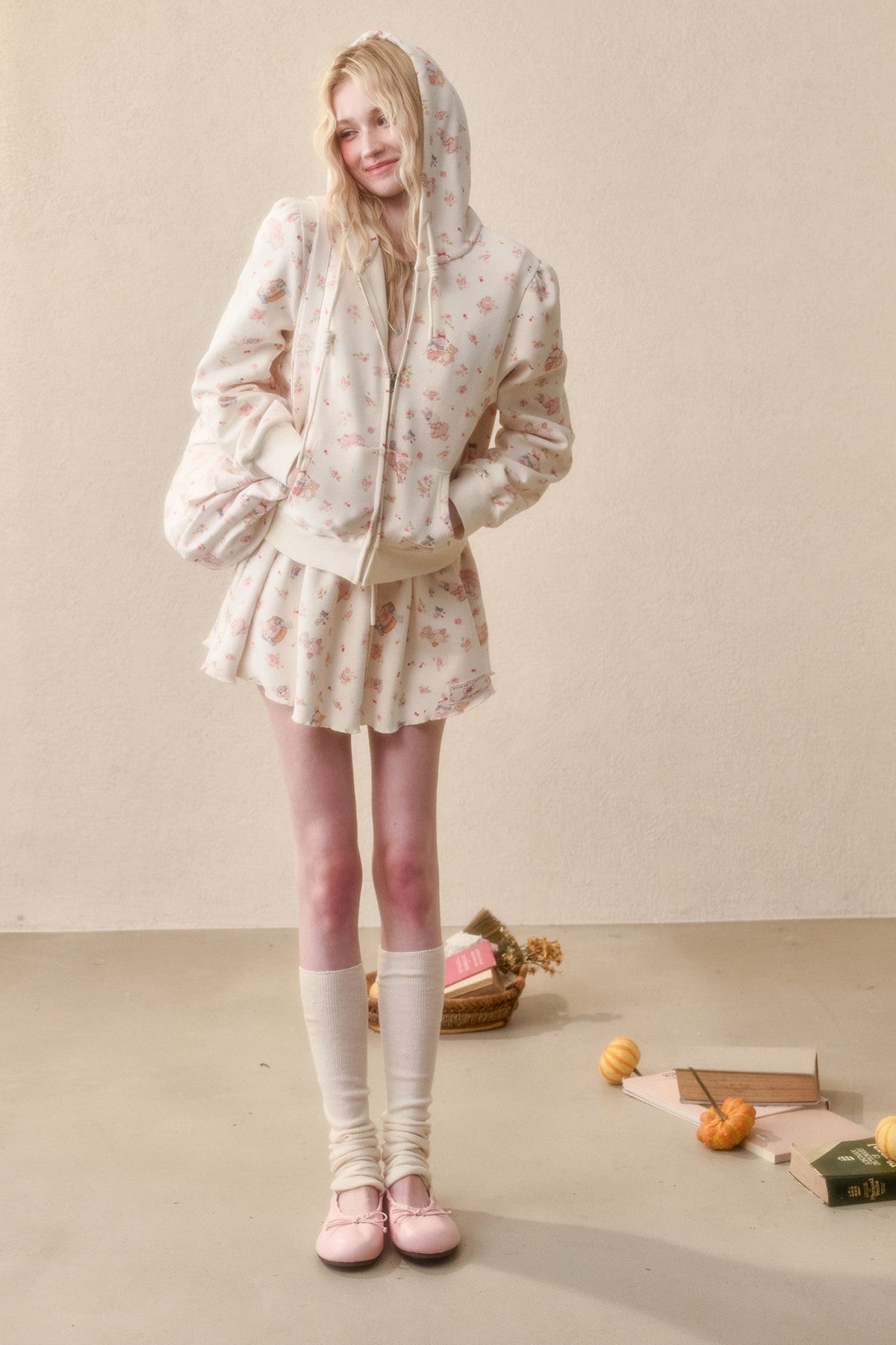 Bunny Print Hoodie Skirt Set-Up