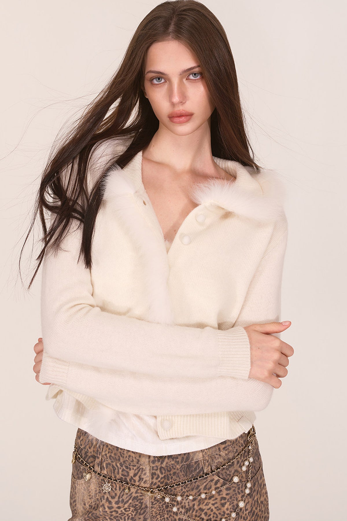 Fox Fur Trim Wool Cardigan