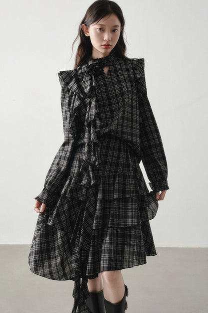 Retro Plaid Shirt and Half Skirt Set