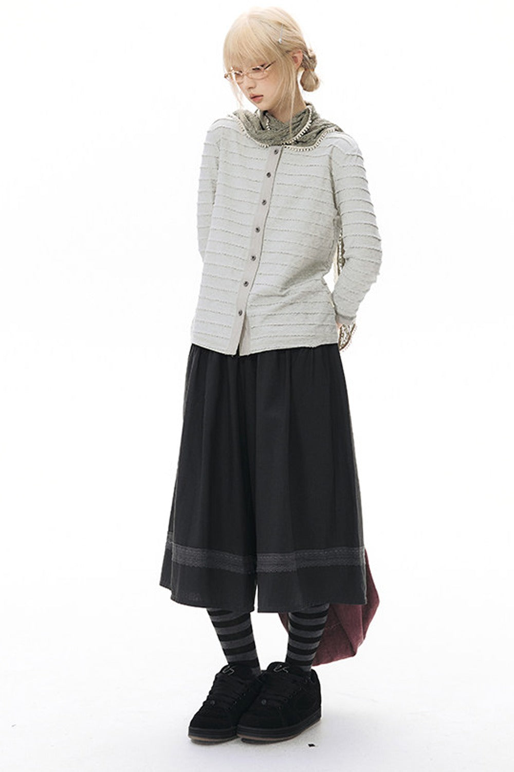 Elastic Waist Patchwork Wide-Leg Skirt Pants