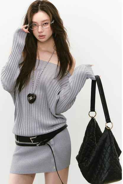Shiny Silk Button Diagonal Shoulder Dress