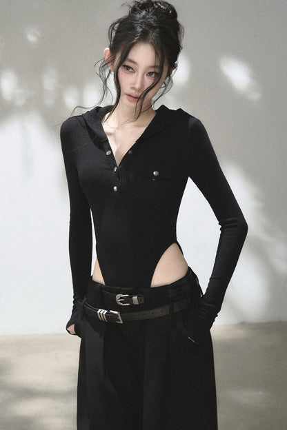 Brushed Ribbed Hooded Cutout Top