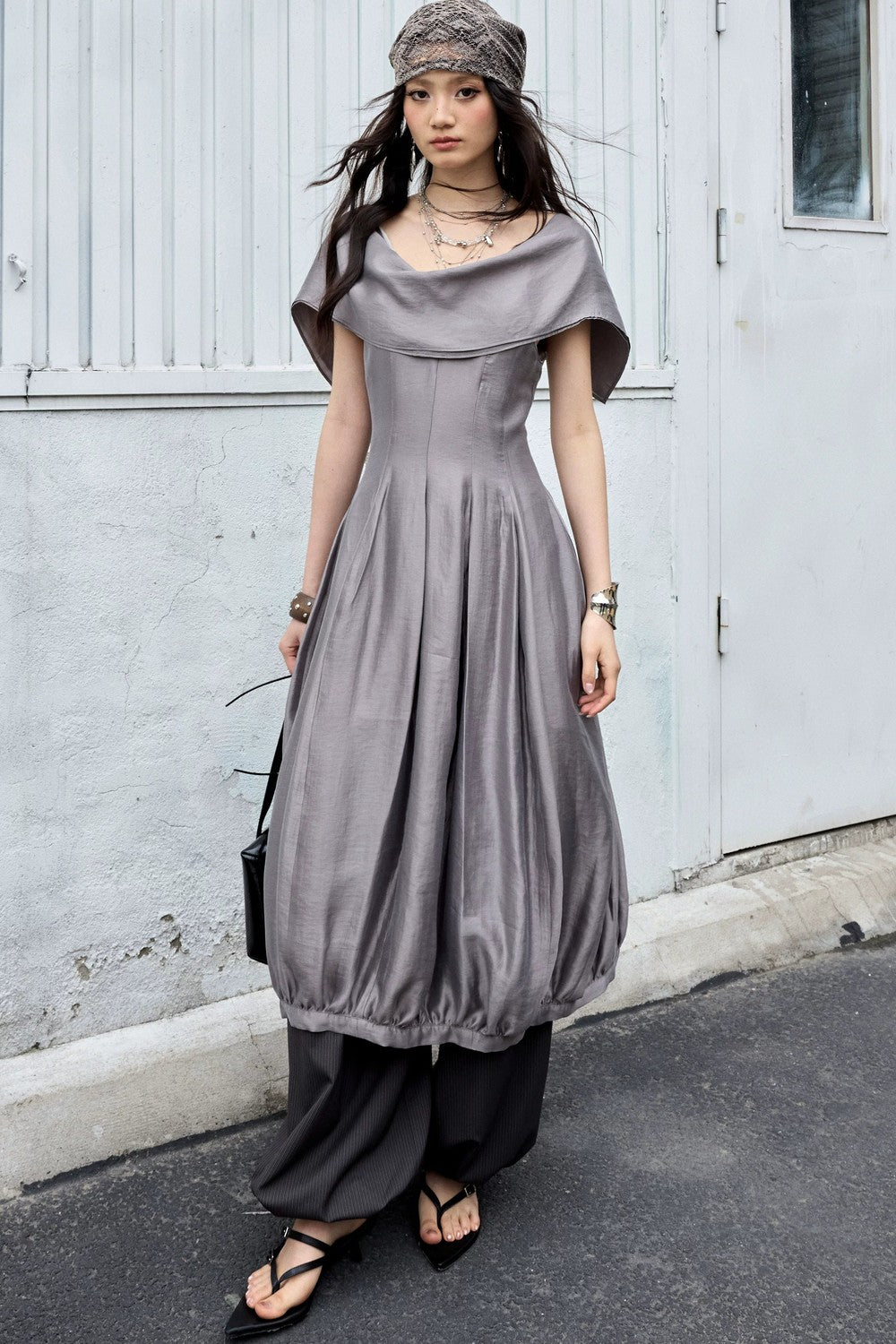 Glossy Gray Bubble Collar Dress
