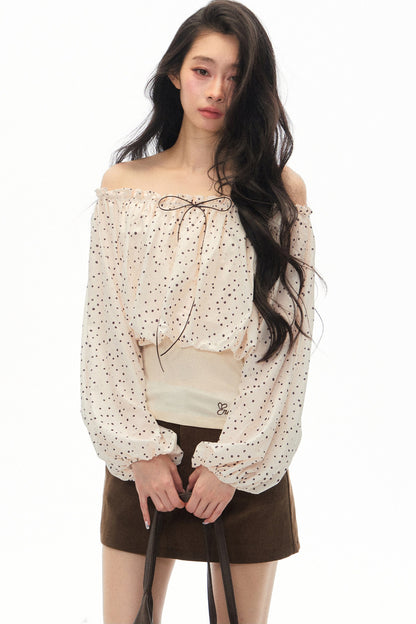 Polka Dot Off-Shoulder Chiffon Top and Skirt Set-Up