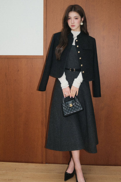 Black Tweed Jacket and Square-Neck Dress Set-Up