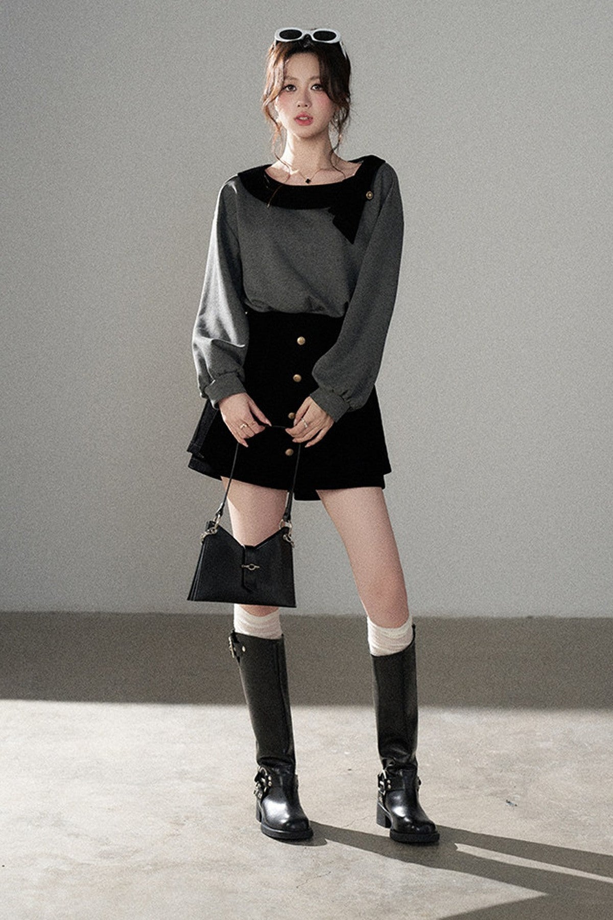 Gray Pullover Sweatshirt and Black Skirt Set-Up