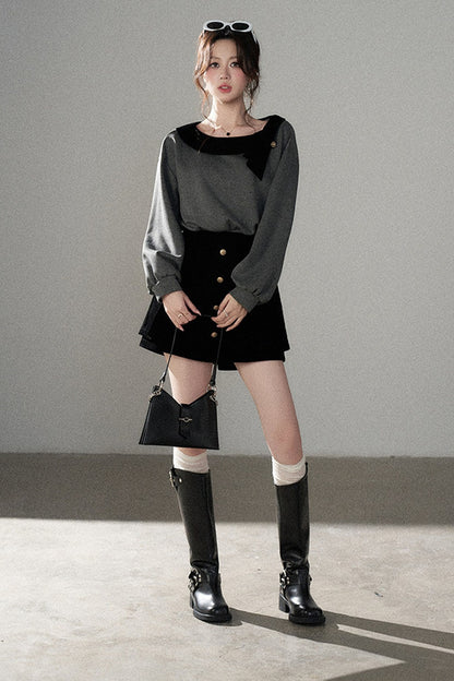 Gray Pullover Sweatshirt and Black Skirt Set-Up