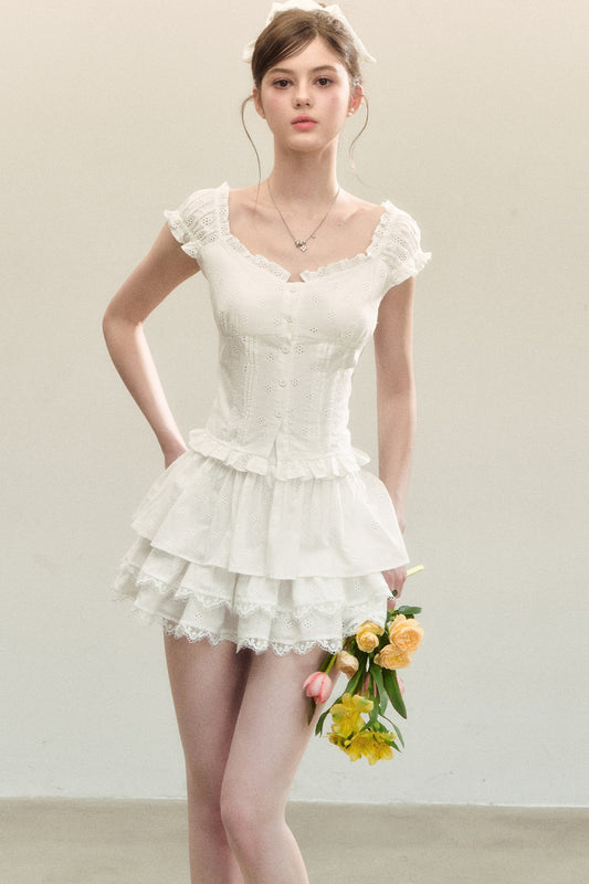 White Ruffled Tank Top and Puffy Cake Skirt Set-Up