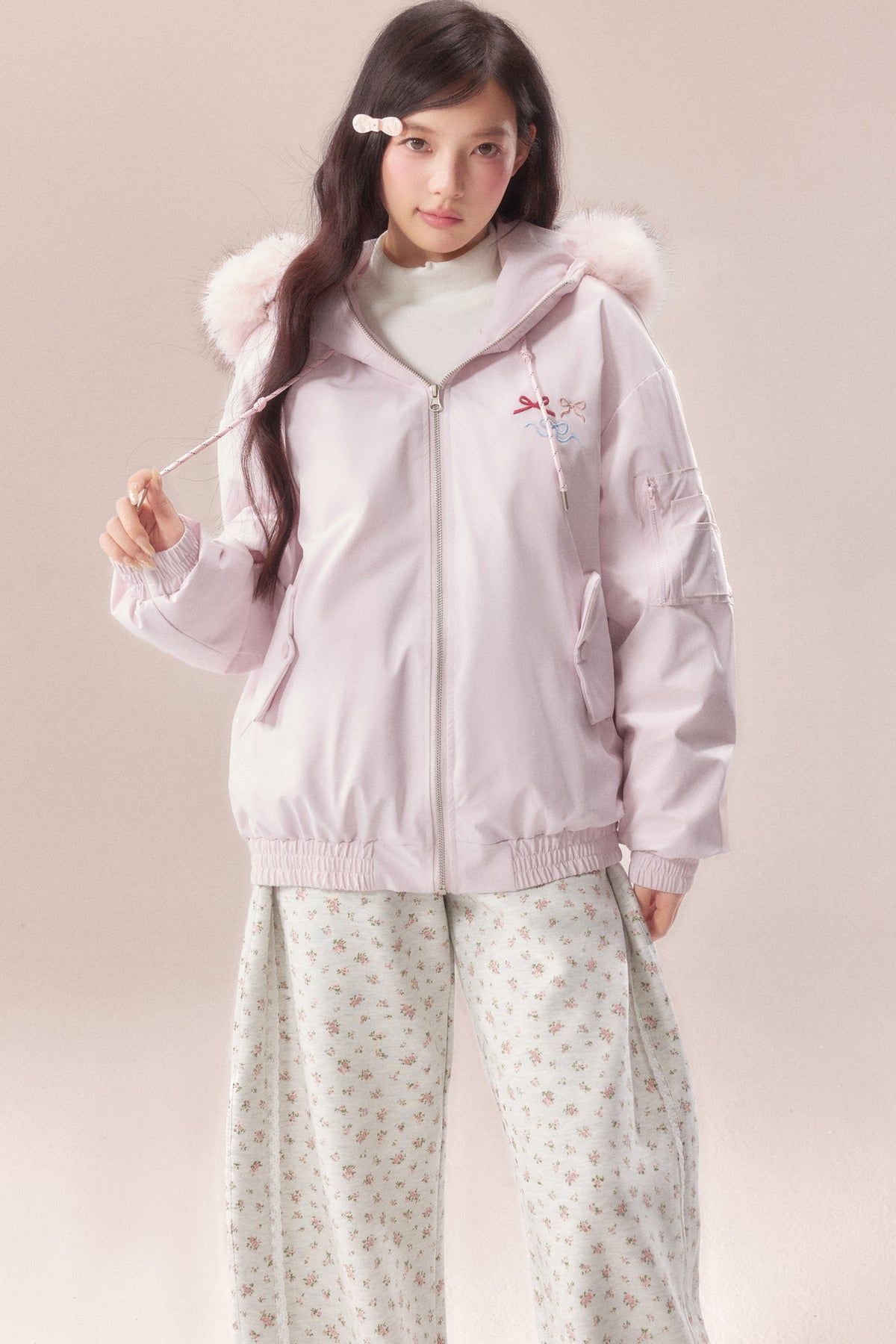 Embroidered Bow Fur Hood Down Jacket
