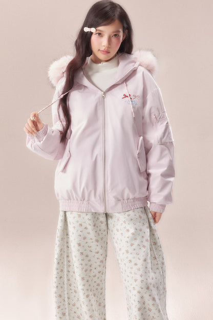 Embroidered Bow Fur Hood Down Jacket