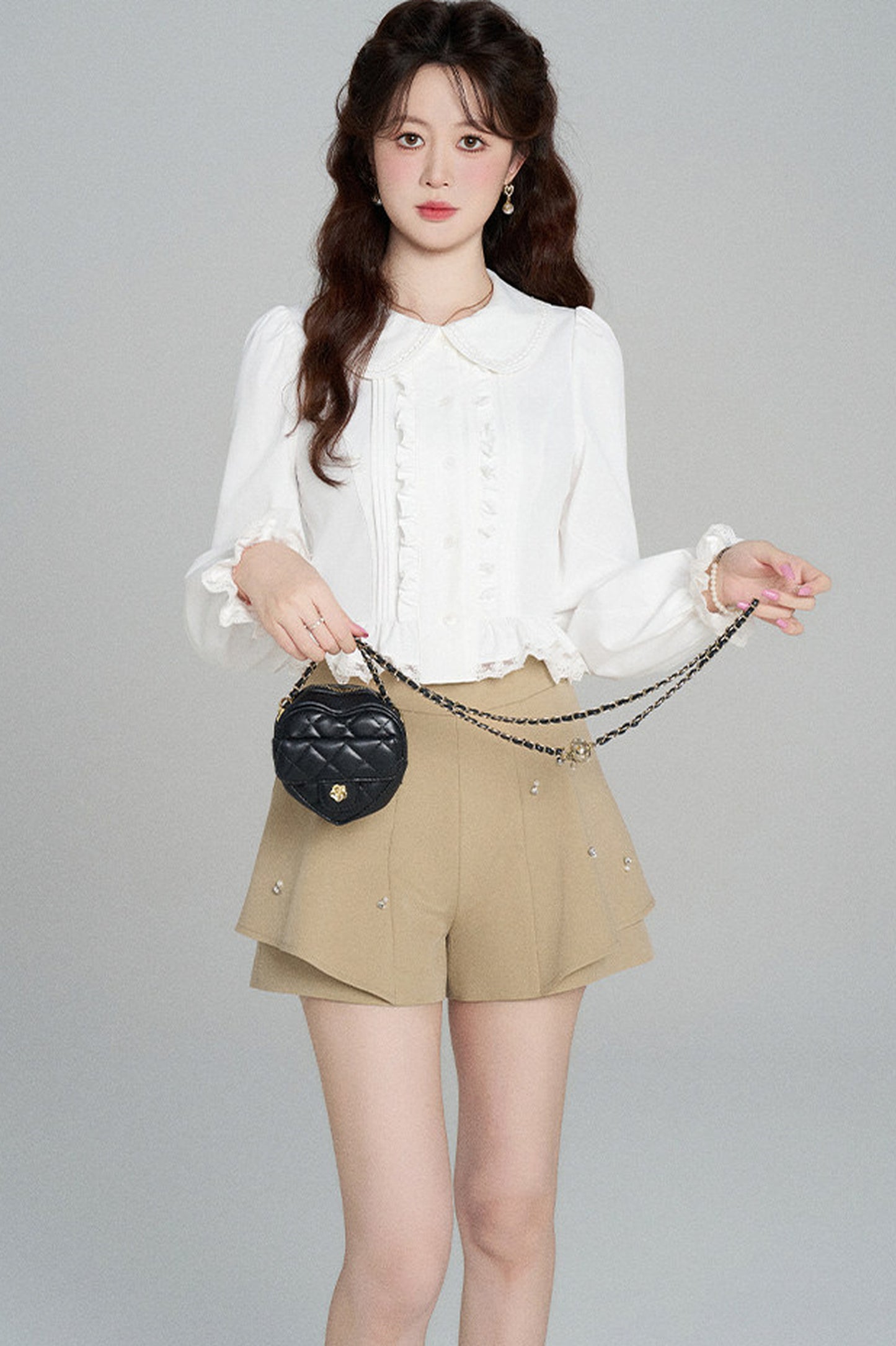 Ruffled Doll Collar Blouse And Shorts Set-Up