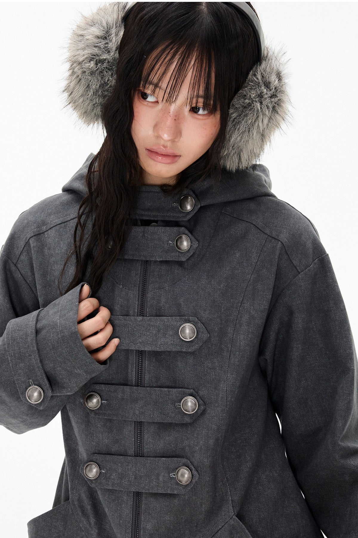 Mid-Length Denim Hooded Jacket