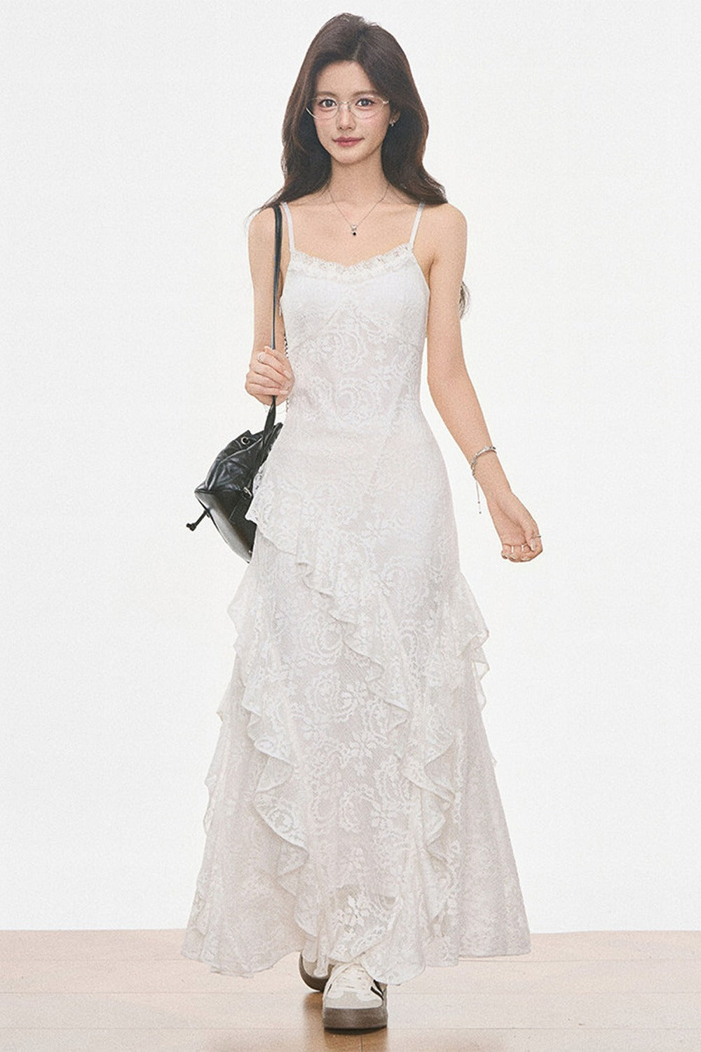 Petite Gray Wool Blazer and White Lace Slip Dress Set-Up
