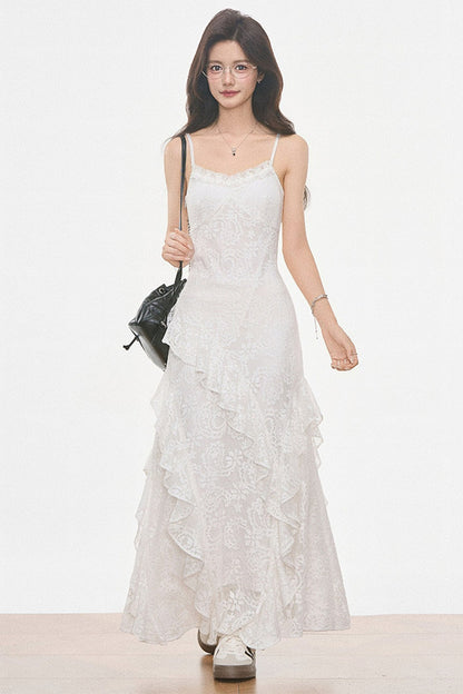 Petite Gray Wool Blazer and White Lace Slip Dress Set-Up