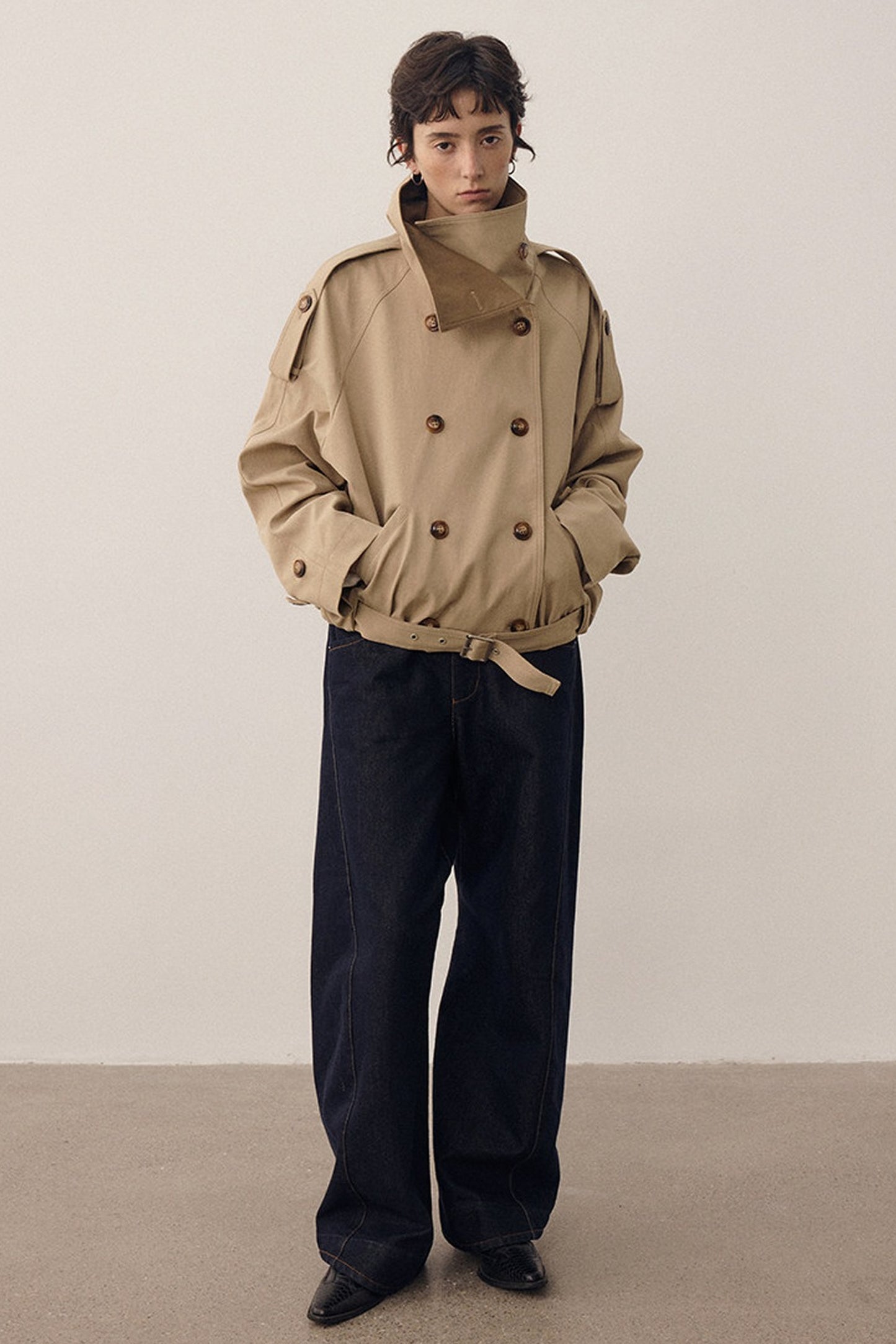 Color-Blocked Double-Breasted High-Collar Trench Coat