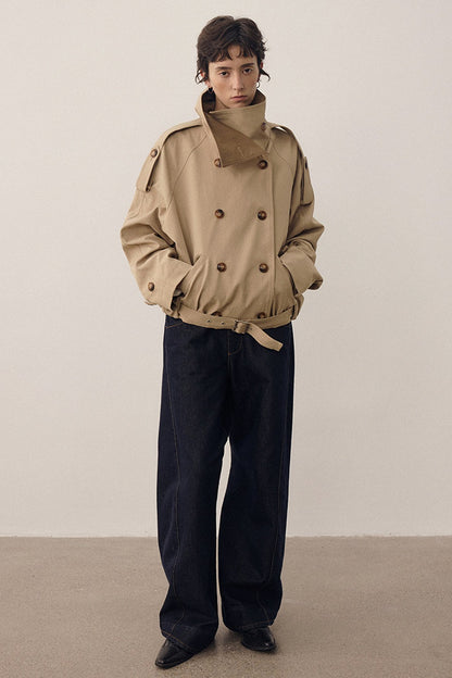 Color-Blocked Double-Breasted High-Collar Trench Coat