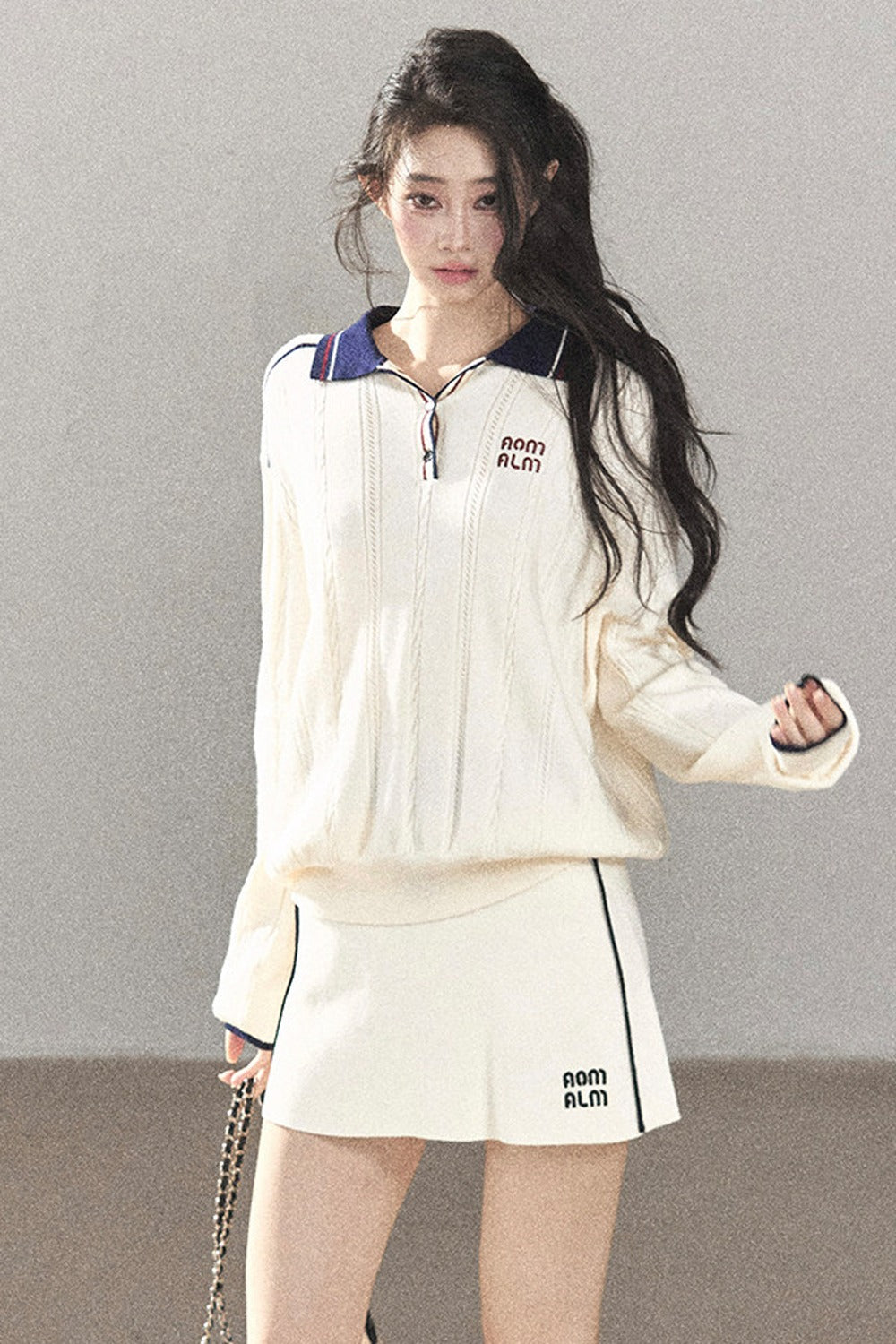 College Style Knitted Top and Short Skirt Two-Piece Set-Up