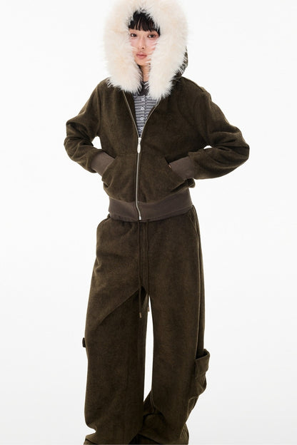 Detachable Fur Hood Jacket and Pants Set-Up