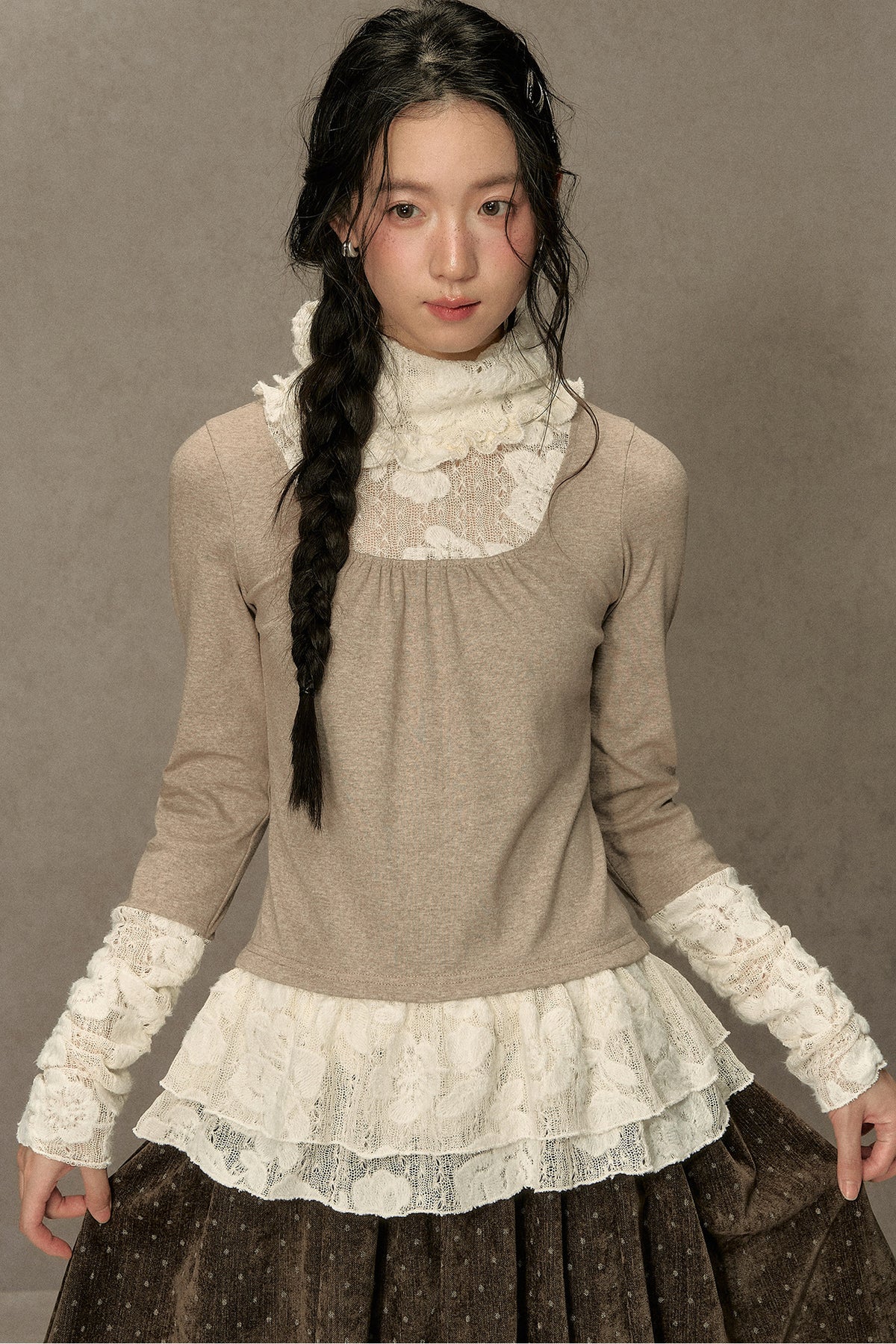 High-Neck Lace Edging Base Layer Top