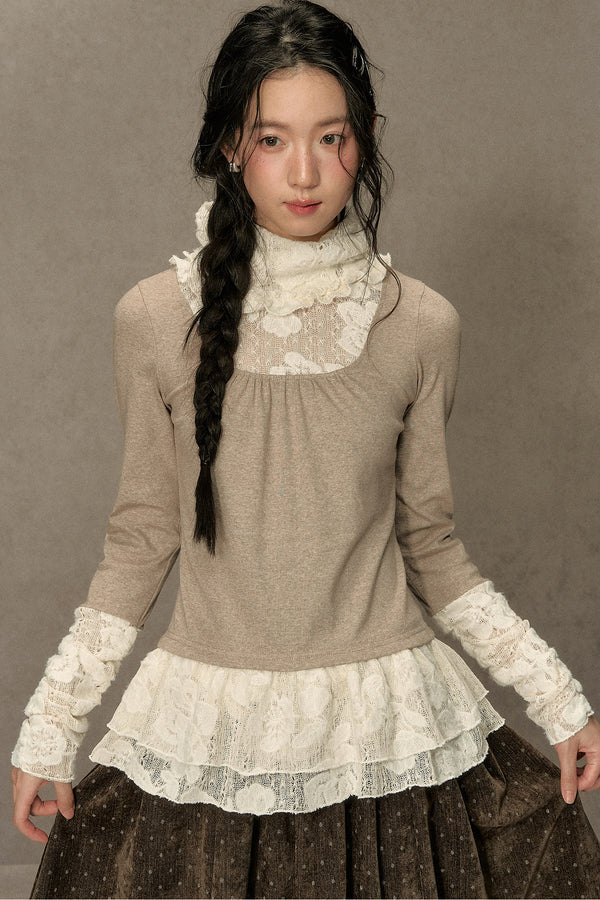 High-Neck Lace Edging Base Layer Top