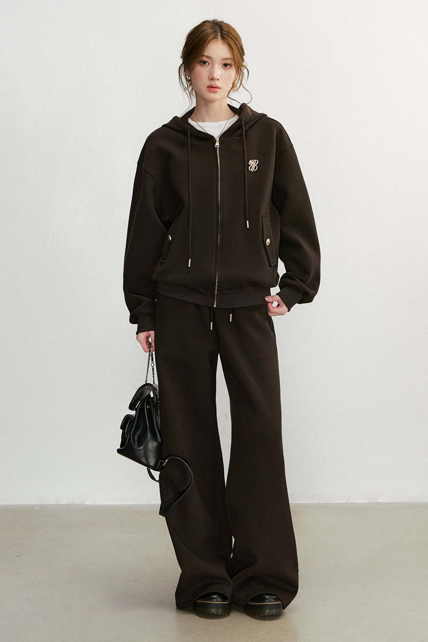 Embroidered Hooded Cardigan Sweatshirt and Wide-Leg Pants Set-Up